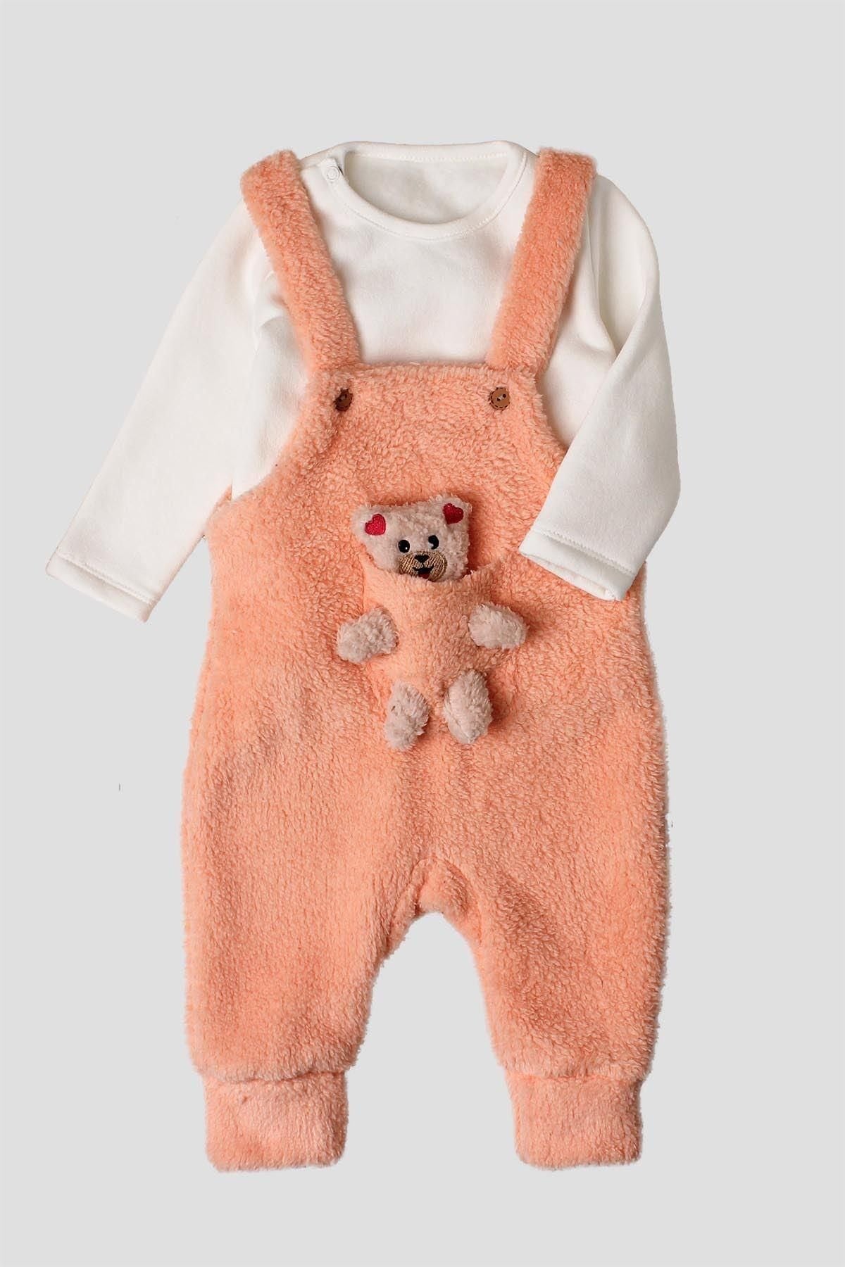 Kışlık tatlı peluş ikili takım kız bebek salopet sweatshirt